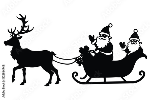A black and white drawing silhouette of a reindeer sleigh with a Santa on the back
