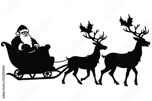 A black and white drawing silhouette of a reindeer sleigh with a Santa on the back