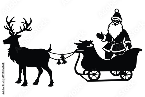 A black and white drawing silhouette of a reindeer sleigh with a Santa on the back