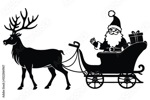 A black and white drawing silhouette of a reindeer sleigh with a Santa on the back