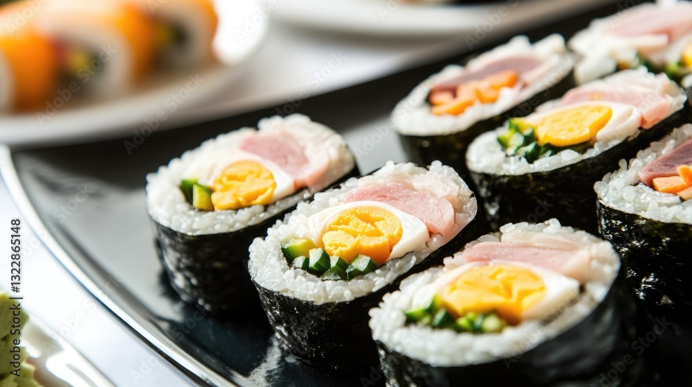 Close-Up of a Sushi Roll with Ham and Egg Close-Up of a Sushi Roll with Ham and Egg