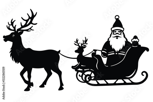 A silhouette depicting Santa Claus in his sleigh being pulled by reindeer