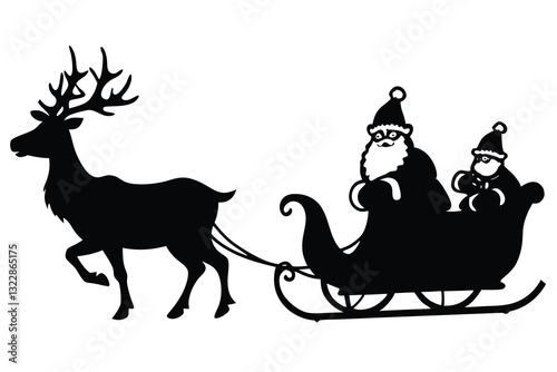 A silhouette depicting Santa Claus in his sleigh being pulled by reindeer