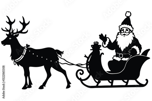 Silhouette of Santa Claus sleigh with a group of reindeer Isolated on white background