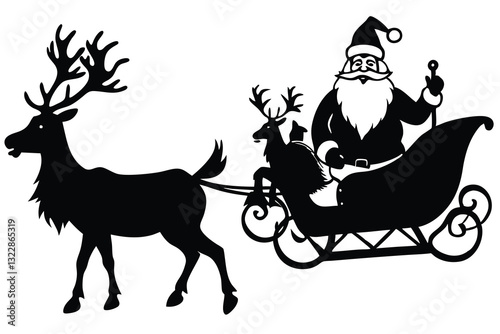 Silhouette of Santa Claus sleigh with a group of reindeer Isolated on white background