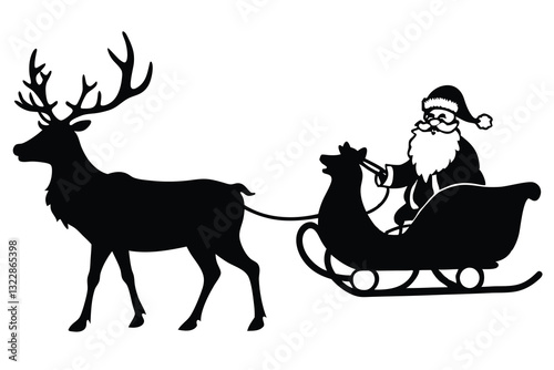 Silhouette of Santa Claus sleigh with a group of reindeer Isolated on white background