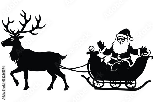 Silhouette Santa Claus Reindeer Sleigh Isolate White Background