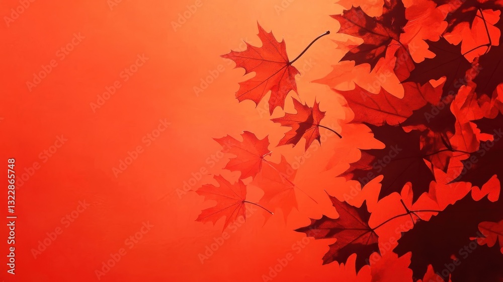 Red Maple Leaves Against a Vibrant Orange Background Red Maple Leaves Against a Vibrant Orange Background