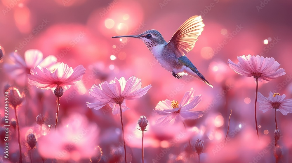 Fototapeta premium Delicate Hummingbird in Flight Among Soft Pink Flowers Under a Dreamy Pastel Sky