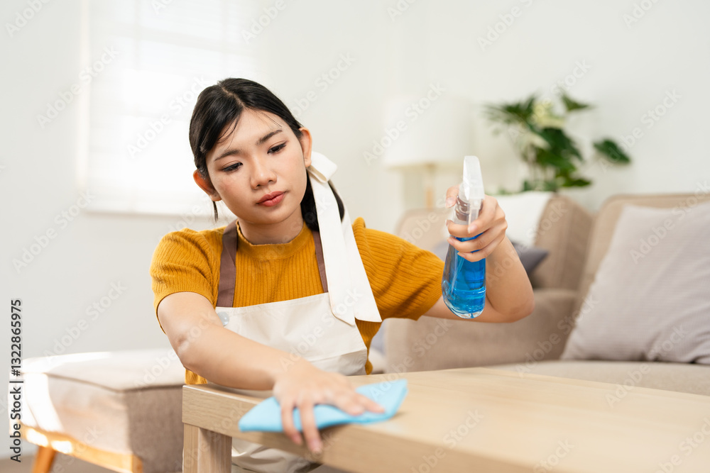 Young asian woman wearing apron and gloves spraying disinfectant and cleaning living room table with microfiber cloth. Young asian woman wearing apron and gloves spraying disinfectant and cleaning living room table with microfiber cloth.