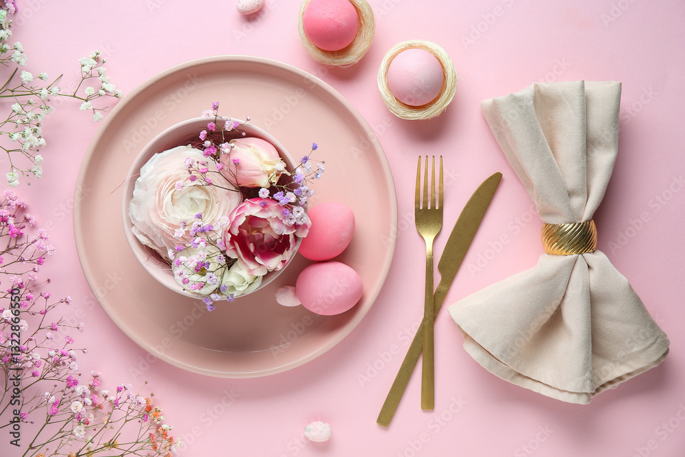 Stylish table setting for Easter celebration with different flowers on pink background Stylish table setting for Easter celebration with different flowers on pink background