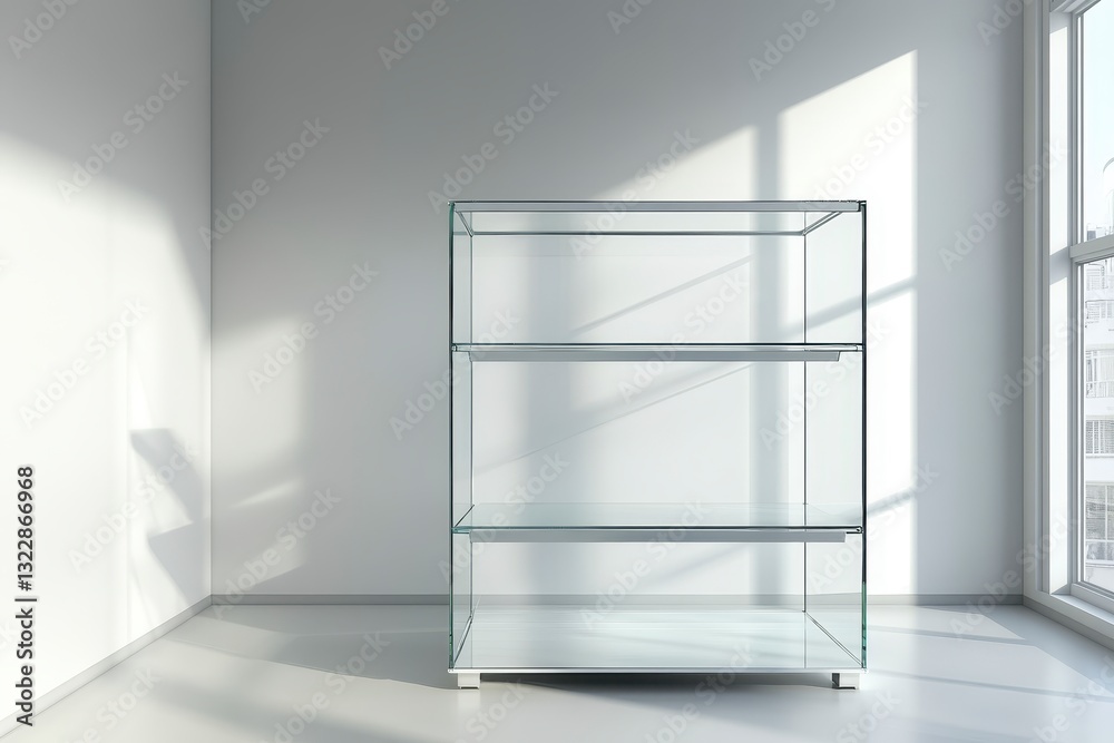 Modern Minimalist Glass Shelf Display in Bright Room Interior Modern Minimalist Glass Shelf Display in Bright Room Interior