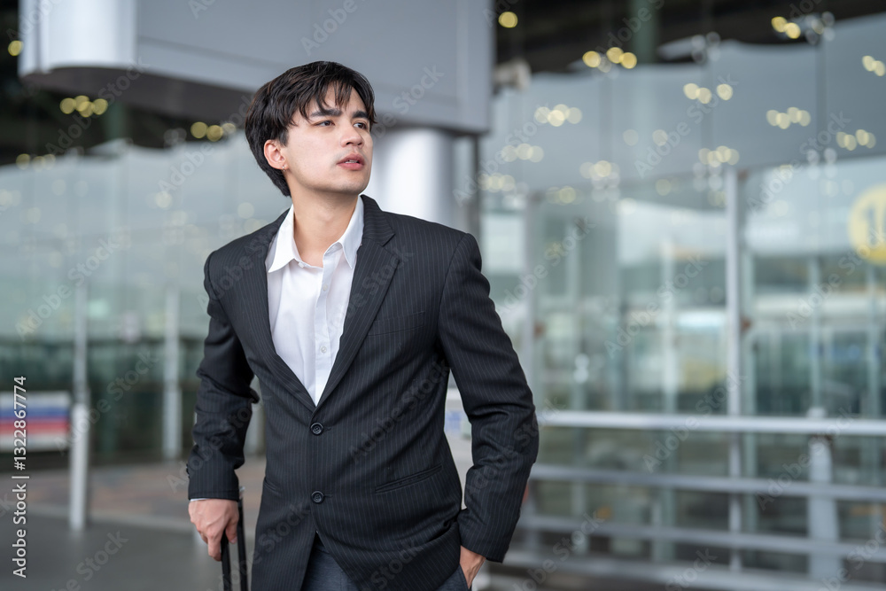Asian businessman passenger waiting public car outside airport terminal. Asian businessman passenger waiting public car outside airport terminal.