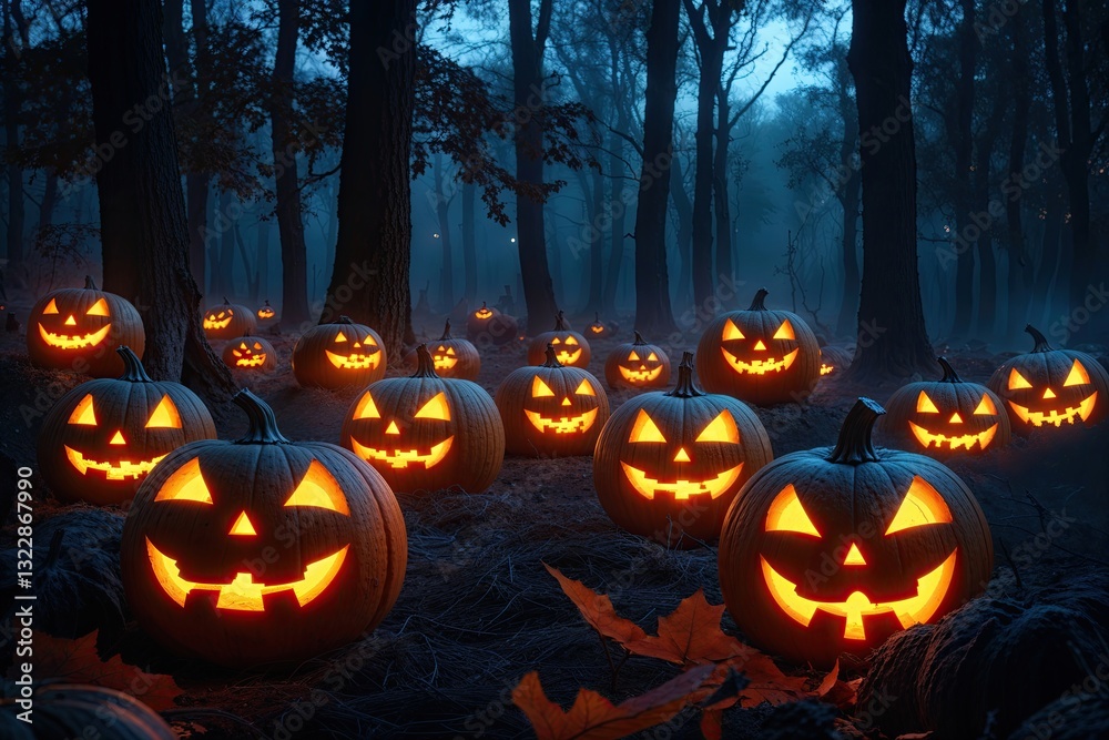 Fototapeta premium Mysterious Pumpkins Ablaze with Light in a Haunted Forest at Ominous Nightfall