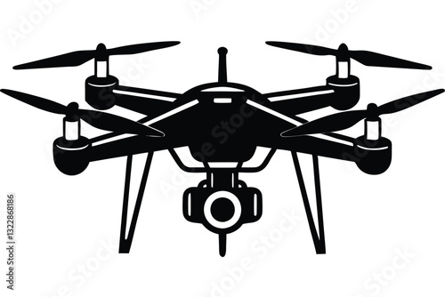 Drone silhouette design unmanned quadcopter with working camera Vector illustration