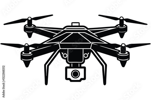 Drone silhouette design unmanned quadcopter with working camera Vector illustration