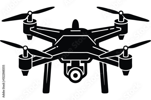 Drone silhouette design unmanned quadcopter with working camera Vector illustration