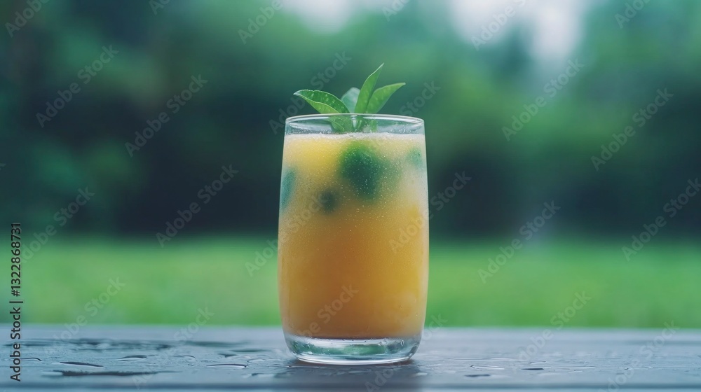 Fototapeta premium Refreshing Orange Juice Drink Summer Beverage Green Lawn Background