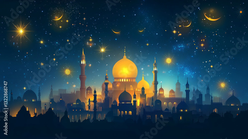 Islamic Art: Beautiful Mosque at Night for Ramadan