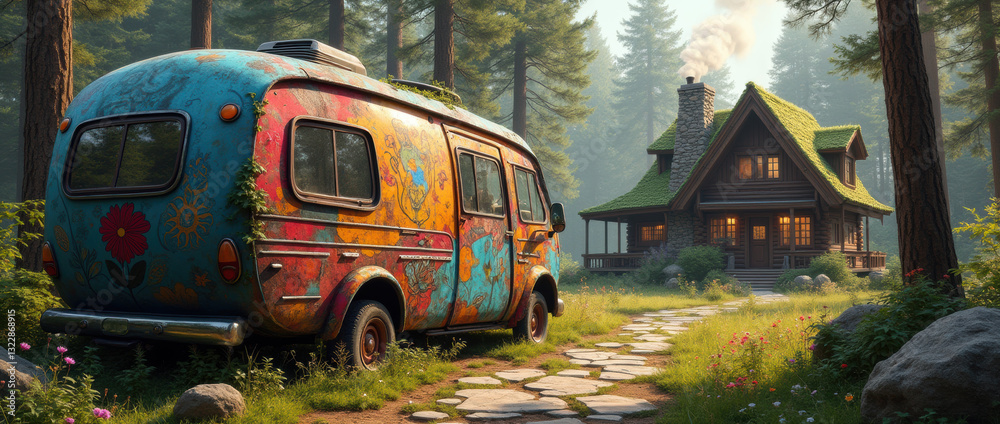 Obraz premium Hidden Haven: Rustic Motorhome with Yellow Interior Light in a Woodland Glade