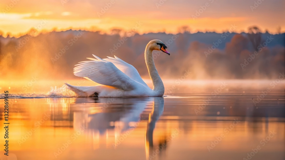 Fototapeta premium Elegant Art Swan glides effortlessly on the serene lake surface at sunrise, its feathers glistening with dew as the sky turns pink and orange, peaceful, water