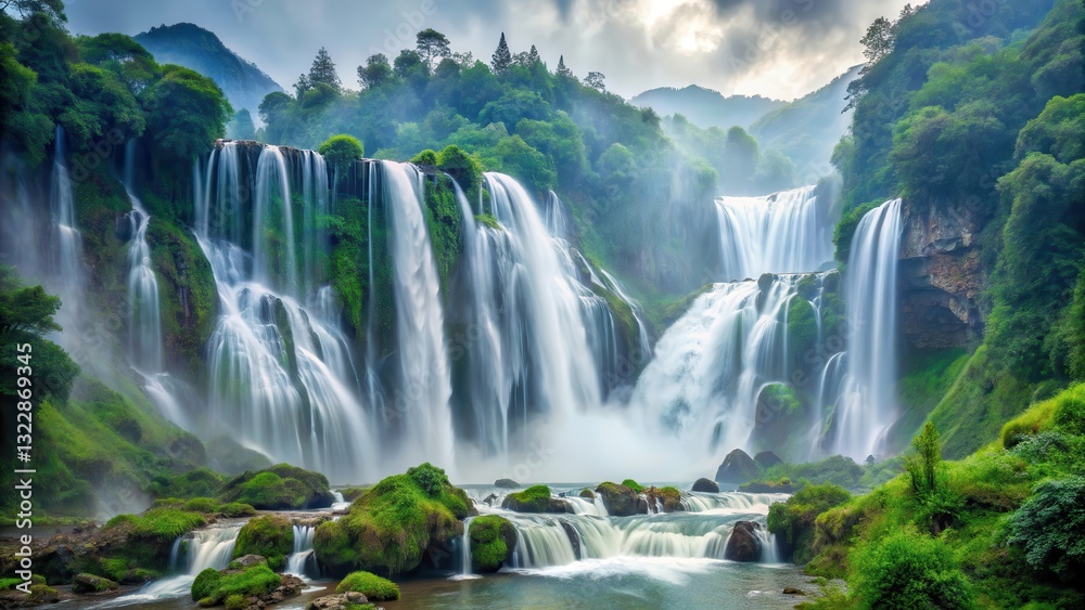 Naklejka premium Breathtaking waterfall cascade in misty Chinese mountains , landscape, misty, landscape