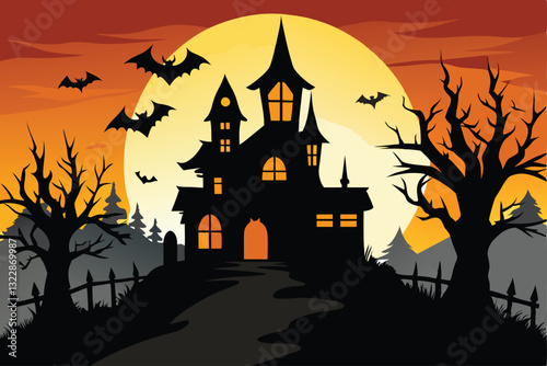 Halloween illustration. Haunted house under full moon with trees and graveyard for Halloween night