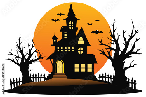 Witch or haunted house silhouette on the hill in a round shaped background. House, full moon, bats and pumpkins outline. Happy Halloween. Vector illustration