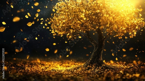 A tree with golden leaves fluttering in the wind, symbolizing change, growth, and renewal for women.