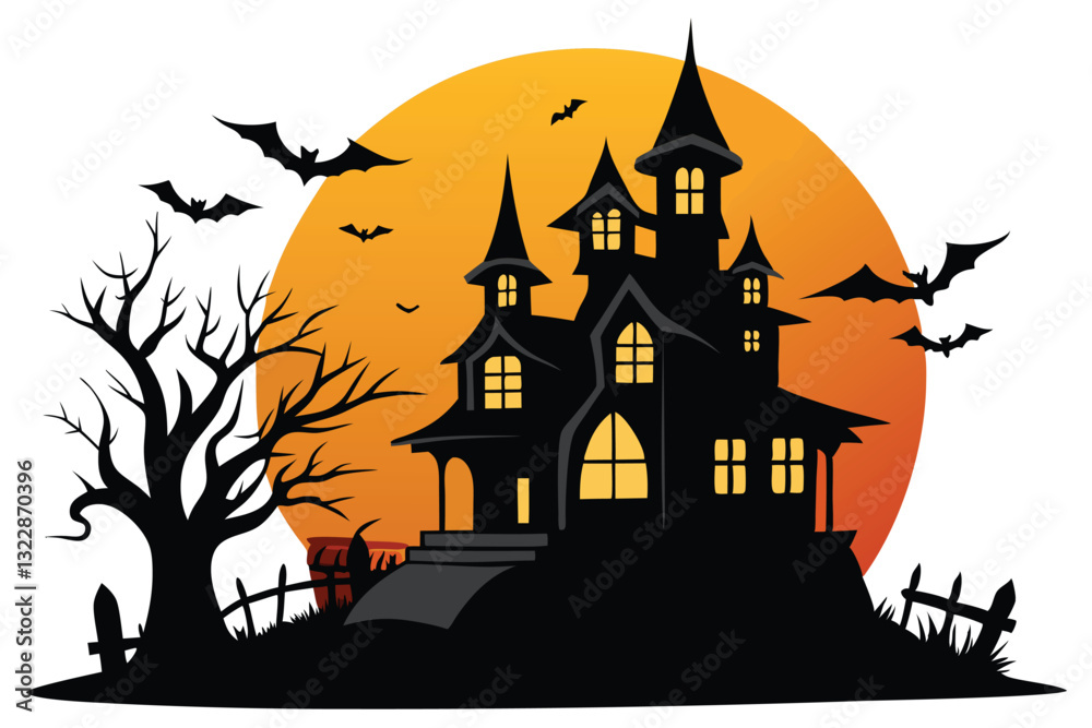 Full Moon Haunted House Silhouette Scene Vector Full Moon Haunted House Silhouette Scene Vector