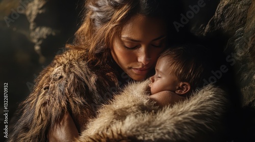 A prehistoric woman lovingly cradles a sleeping infant child carefully