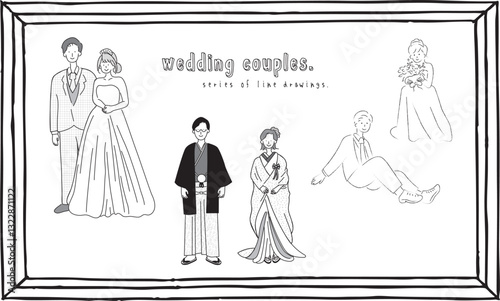 洋装と和装の結婚式のカップルのベクターイラストセット
