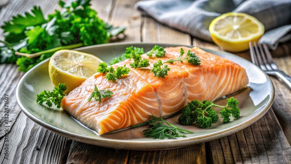 Flaky salmon fillet placed on a plate garnished with chopped fresh parsley and dill, served with a squeeze of lemon juice, salmon Flaky salmon fillet placed on a plate garnished with chopped fresh parsley and dill, served with a squeeze of lemon juice, salmon