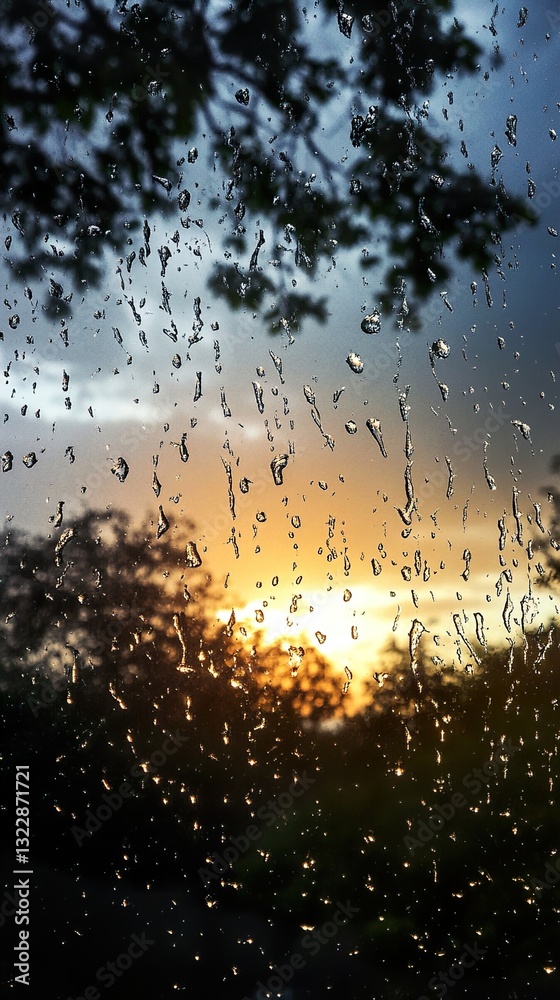 Obraz premium Sunset Rain: Golden Hour Through a Rainy Window