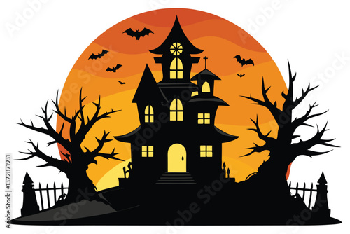 A spooky haunted house silhouette at sunset Vector