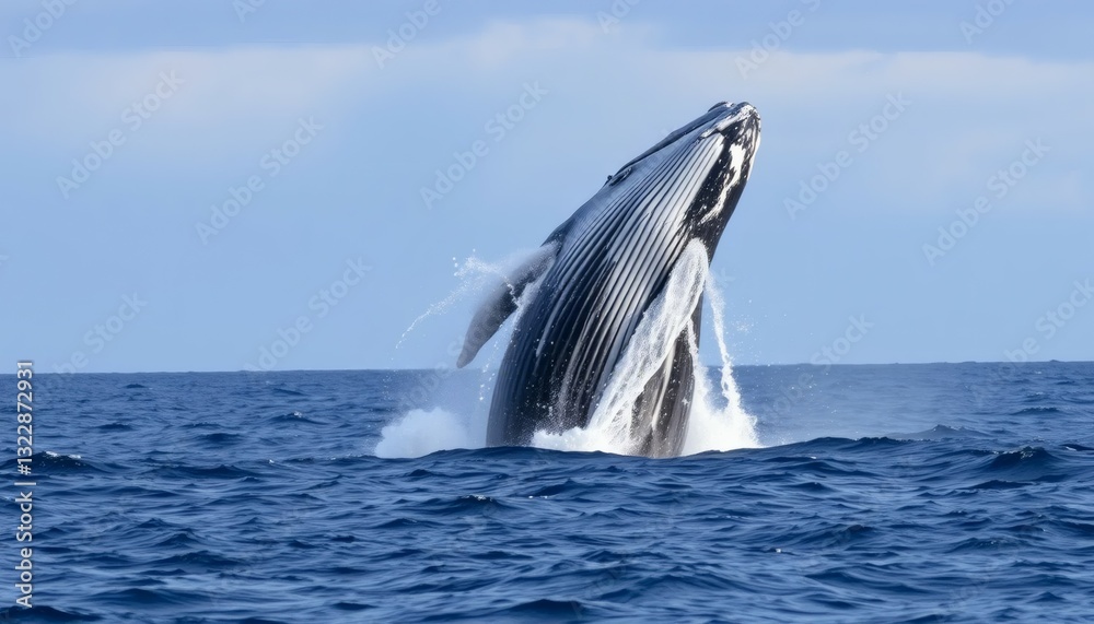 Fototapeta premium Humpback Whale Breaches Out of Ocean Water with Splashes Against Blue Sky
