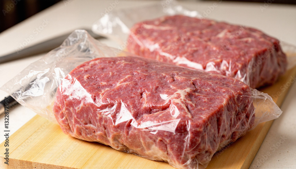 Raw ground beef wrapped in plastic on wooden cutting board Raw ground beef wrapped in plastic on wooden cutting board
