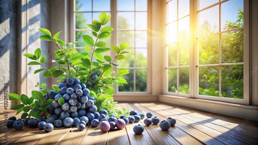 Fototapeta premium Sunlit Harvest A Bountiful Cluster of Fresh Blueberries with Lush Green Foliage, Resting on a Warm Wooden Floor by a Bright Window