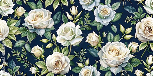 Elegant White Rose Floral Pattern, Dark Background, Sophisticated Timeless Design,  Floral Wallpaper, Rose Print, Botanical Art