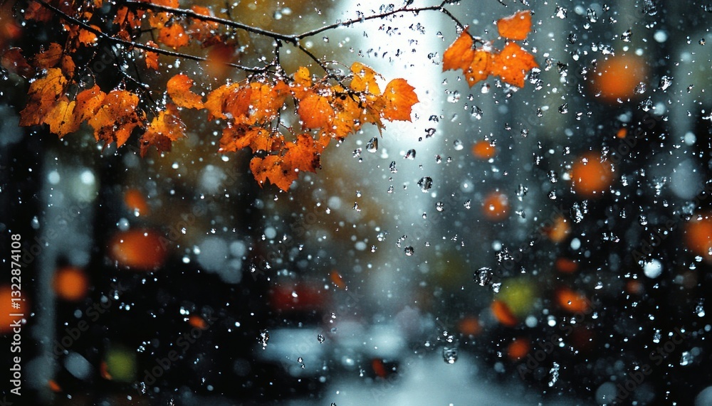 Raindrops Falling on Colorful Autumn Leaves in Urban Environment During Rainy Mood Raindrops Falling on Colorful Autumn Leaves in Urban Environment During Rainy Mood