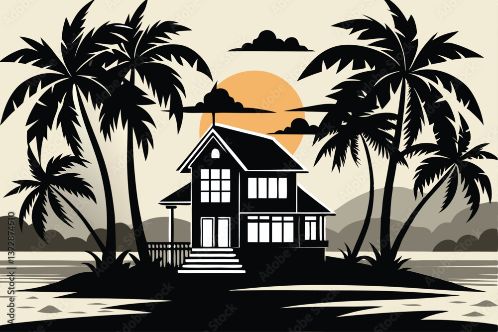 Obraz premium A silhouette house is in the water and palm trees sunset is in the background