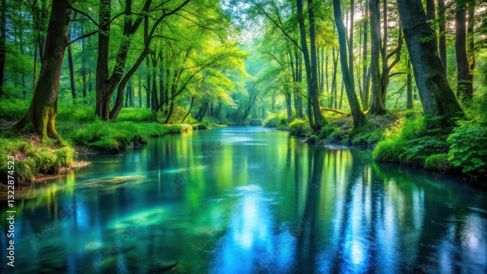 Obraz premium Peaceful forest scene with a gentle light stream of blue clear water flowing through the underbrush, surrounded by lush greenery and towering trees , water feature, peaceful atmosphere