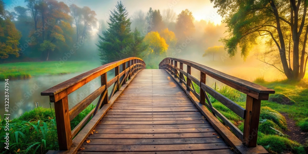 Foggy Morning Park Footbridge Photography - Misty Bridge Stock Image Foggy Morning Park Footbridge Photography - Misty Bridge Stock Image