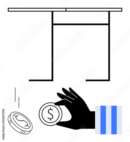 Hand holding and dropping coin, falling under table, visualizing underground economy, secret exchange. Ideal for finance, corruption, economy, saving bribery risk safety. Flat simple metaphor