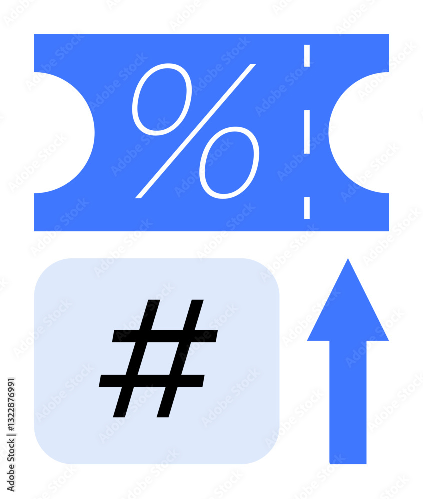 Obraz premium Blue ticket with percentage, metadata tag block, and upward arrow symbolizing discounts, social media trends, and growth. Ideal for marketing, sales, e-commerce, promotions campaigns analytics