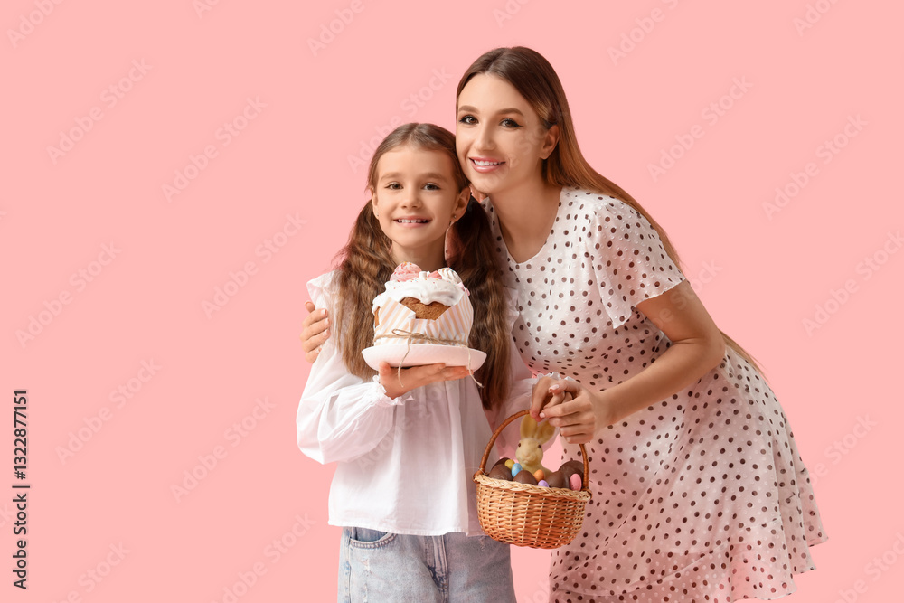 Beautiful young woman holding wicker basket and her cute daughter with Easter cake on pink background
