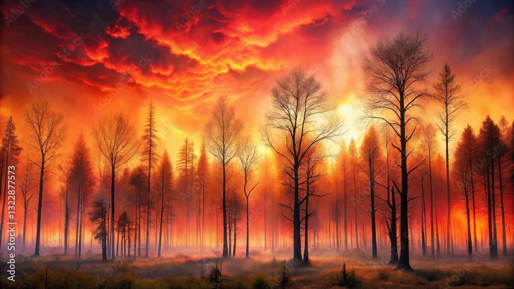 Fototapeta premium Fiery Sunset Over a Misty Forest of Silhouetted Trees, an Eerie and Captivating Landscape