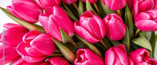 Close-up of vibrant Dutch pink tulips arranged on a birthday card, message, celebration