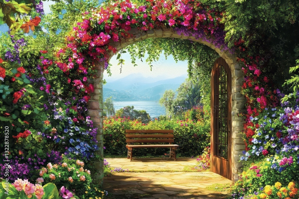 Fototapeta premium Serene Garden with Vibrant Flowers and Peaceful Lake View