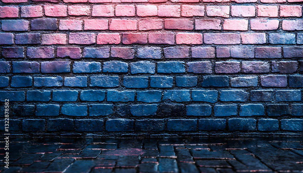 Fototapeta premium Vibrant blue and pink brick wall background, wet cobblestone ground. Ideal for design projects, urban themes, and artistic expression.